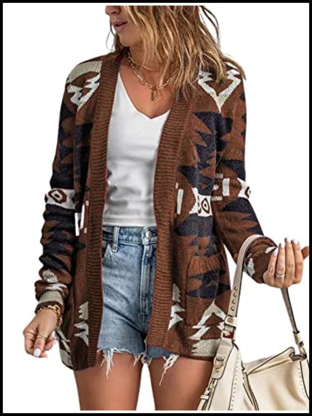 Tribal Aztec Print Open Front Knitted Jacquard Cardigan Sweater